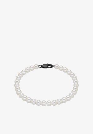 Perlenarmband mit runden, weißen Perlen und einem schwarzen Metallkarabiner, mit einer glatten, glänzenden Oberfläche und einheitlicher Form.