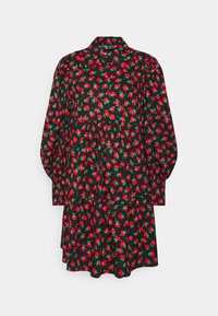 Vestido preto com padrão floral vermelho, apresentando um colarinho, mangas bufantes longas e um design de saia em camadas. Feito de tecido leve.