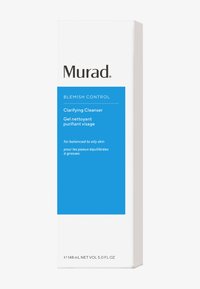 Murad Blemish Control Clarifying Cleanser dans une boîte blanche avec un grand panneau bleu. Le texte comprend des détails sur le produit en anglais et en français.