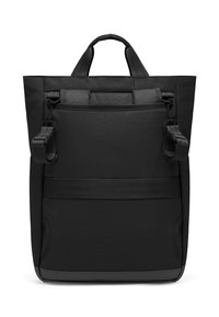 Fekete válltáska tartós anyagból, két fentről induló fogantyúval, állítható oldalszíjakkal és letisztult, minimalista dizájnnal, minta nélkül.