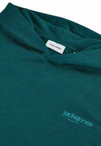 Teal hoodie with a soft texture, featuring a drawstring hood and front logo. Made from cotton, it has a casual design and comfortable fit.