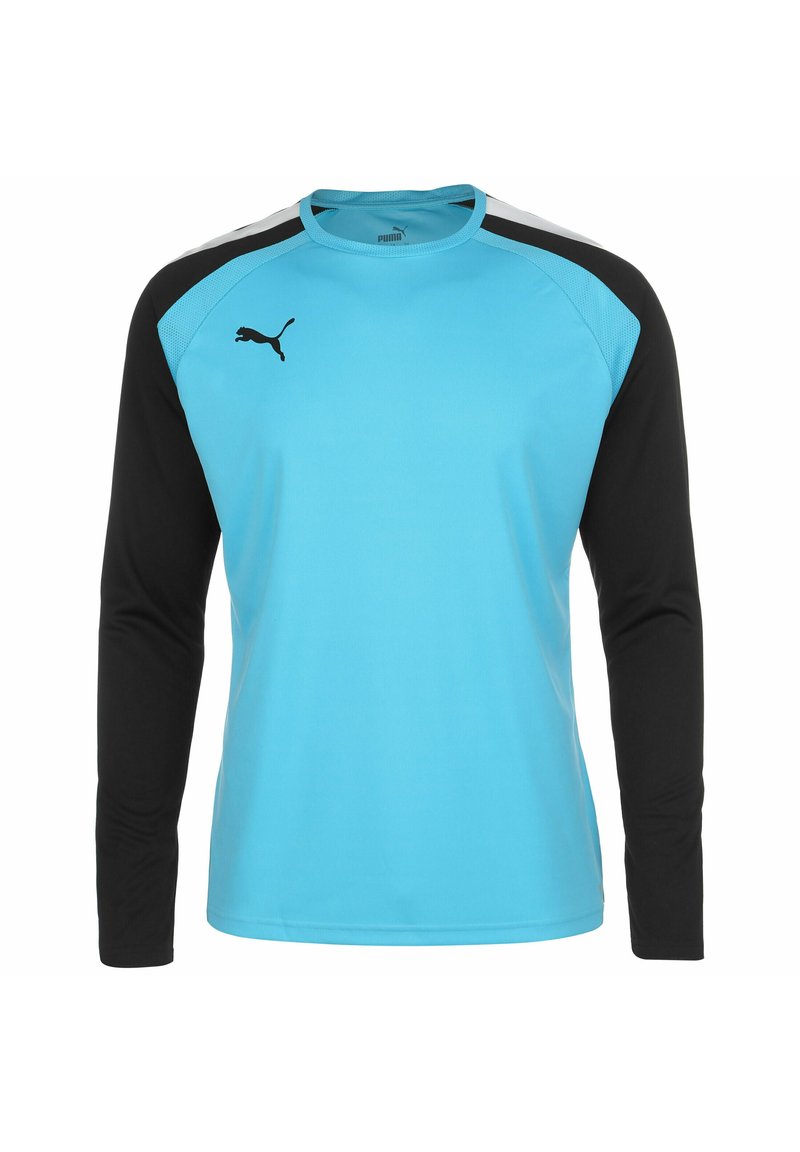 Langarmshirt mit blauer Körperfarbe, schwarzen Ärmeln und einem kleinen schwarzen Logo auf der Brust; aus glattem, leichtem Stoff gefertigt.