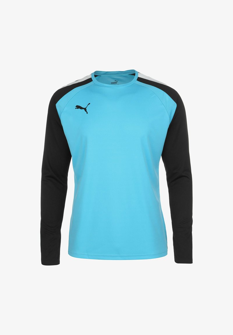 Langarmshirt mit blauer Körperfarbe, schwarzen Ärmeln und einem kleinen schwarzen Logo auf der Brust; aus glattem, leichtem Stoff gefertigt.