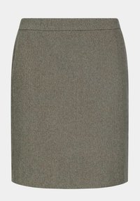 Grå ribbad kjol med en figurnära design, som har en rak silhuett och en slät midjeresår, tillverkad av texturerat tyg med ett subtilt mönster.