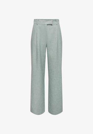 Lysegrå vide bukser med frontfolder, beltehemper og skjult frontåpning.