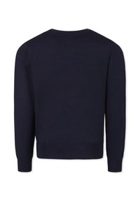 Maglione blu navy realizzato in tessuto a maglia, con colletto rotondo, maniche lunghe e orlo a coste. La vista posteriore mostra una texture liscia e semplicità.