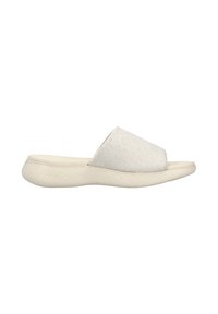 Light beige slide sandal with a smooth upper, open toe, and textured sole featuring a subtle pattern. Flexible, lightweight design.