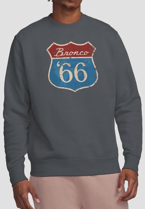 Man wearing gray sweatshirt with vintage red and blue shield logo reading "Bronco '66" on front.