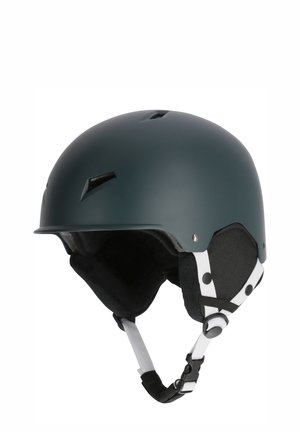 Matt mörkgrön hjälm med ventilationshål, mjukt svart foder, vita remmar och säker spänne. Rundad form designad för säkerhet.