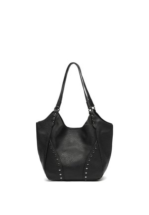 Sac à bandoulière en cuir noir de forme arrondie, avec double lanières et clous métalliques décoratifs sur les panneaux avant.