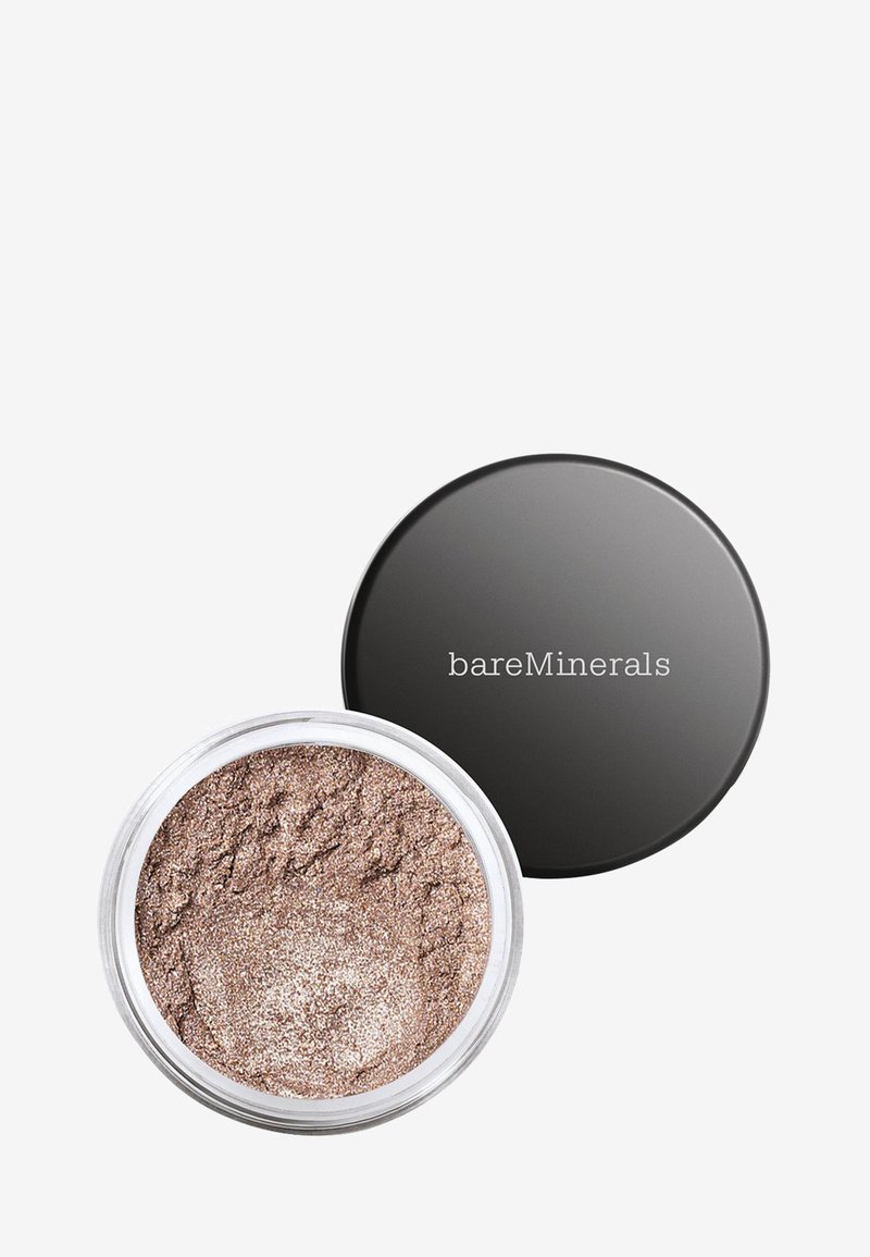 BareMinerals lose Lidschatten in einem transparenten Behälter mit schwarzem Deckel. Schimmernde hellbraune Farbe mit einer feinen Pudertextur.