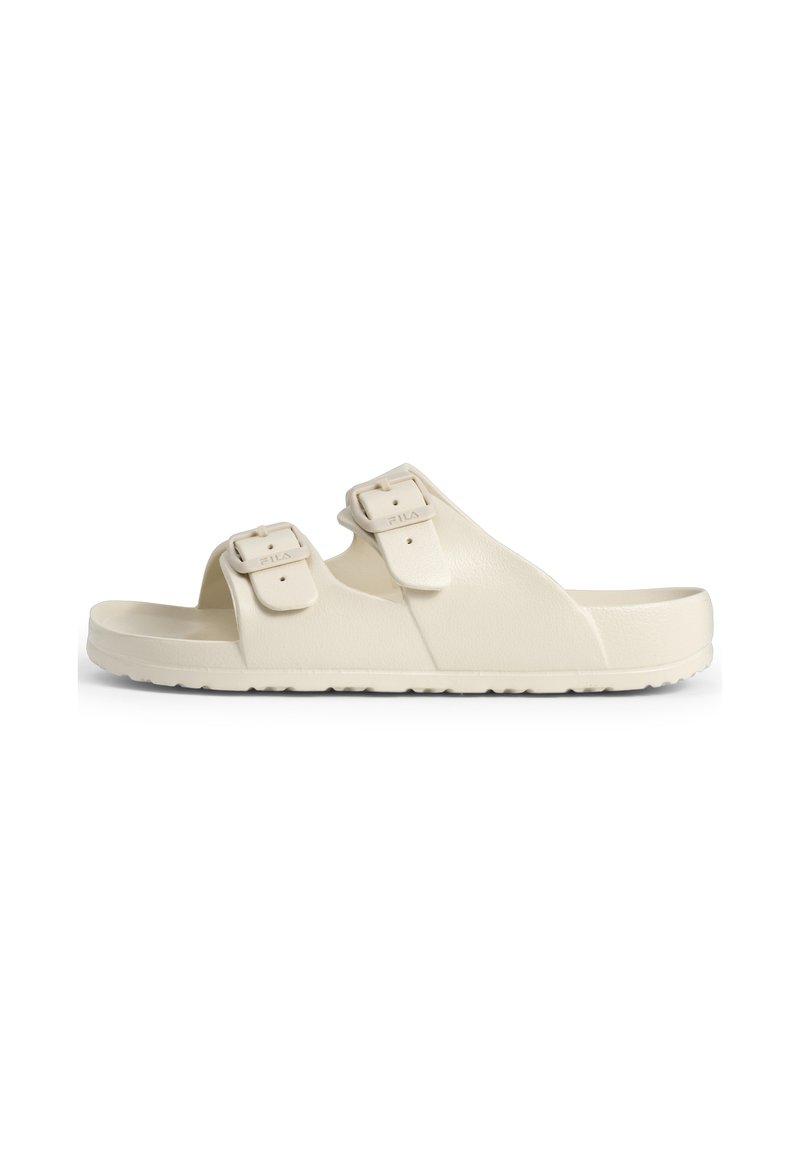 Light beige sandals featuring two adjustable buckles, a contoured footbed, and a textured rubber sole for grip. Simple design, open-toe style.