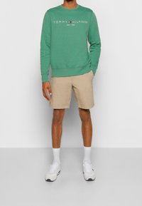 Groene sweatshirt met de opdruk "TOMMY HILFIGER EST. 1985", gecombineerd met beige shorts, witte sokken en witte sneakers. Over het algemeen een casual outfit.