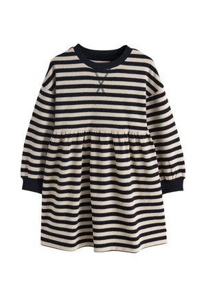Robe pour tout-petit à manches longues avec rayures horizontales noires et beiges, col rond, poignets élastiques et détail froncé à la taille à l'avant.