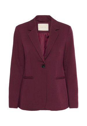 Burgundy blazer with a tailored fit, single button closure, notched collar, and side pockets. Smooth fabric with a subtle sheen.