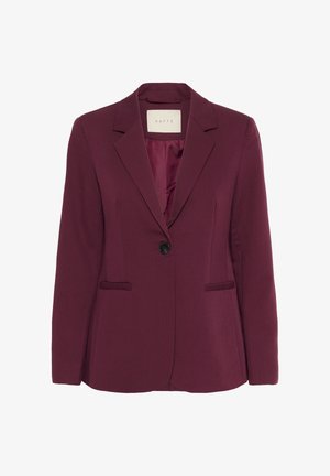 Burgundy blazer with a tailored fit, single button closure, notched collar, and side pockets. Smooth fabric with a subtle sheen.