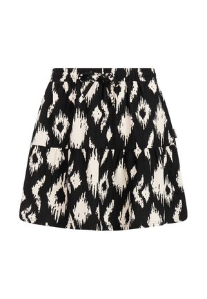 Zwart- en crèmekleurige minirok met patroon, gelaagd ontwerp, elastische tailleband en aantrekkoord. Heeft een textuurstof en ikat-print.