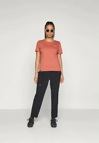 T-maica rjavkaste barve s okroglim izrezom. Črne hlače z ožjenim krojem in žepom na zadrgo. Model nosi sončna očala in črne čevlje.