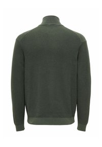 Pull en maille vert foncé à manches longues avec col haut, motif texturé visible, et poignets et ourlet côtelés vu de dos.