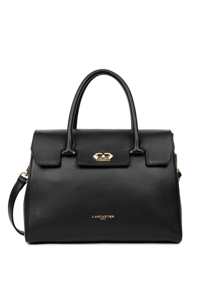 Borsa a tracolla nera in pelle con design strutturato, dotata di una chiusura dorata, due manici superiori e logo impresso sul davanti.