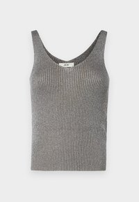 Šedé žebrované tílko s výstřihem do kulata a širokými ramínky. Materiál má jemný lesk, který zvýrazňuje texturu a design.