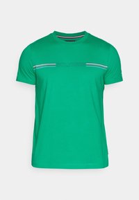 Zielona bawełniana koszulka z okrągłym dekoltem, krótkimi rękawami i poziomym wzorem w paski na klatce piersiowej z nazwą marki.