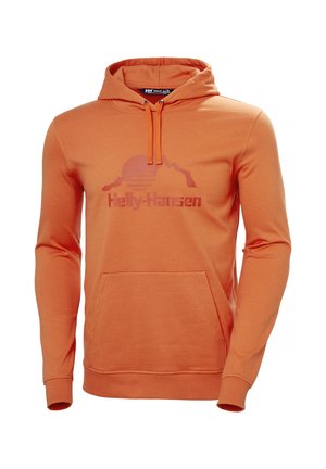 Een oranje katoenen hoodie met een buidelzak, een verstelbare trekkoordkap en een bedrukt graphic ontwerp met bergen en een zon.