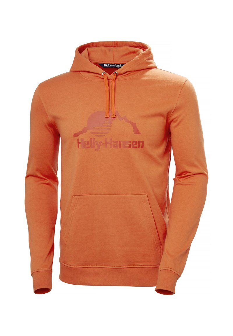 Sudadera de algodón naranja con bolsillo canguro, capucha ajustable con cordón y un diseño gráfico impreso de montañas y sol.