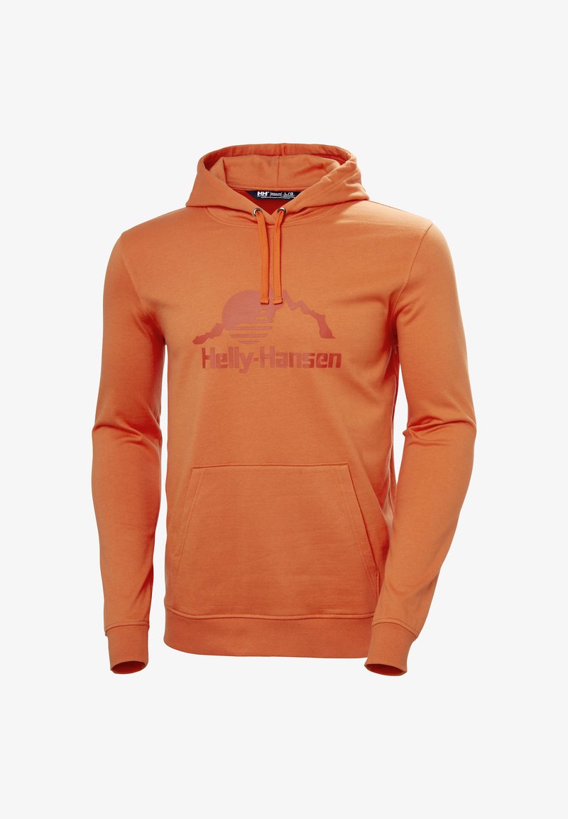 Sudadera de algodón naranja con bolsillo canguro, capucha ajustable con cordón y un diseño gráfico impreso de montañas y sol.