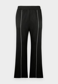 Μαύρο παντελόνι φόρμας με φαρδιά γραμμή, διακοσμημένο με λευκές ρίγες στα πλάγια, ελαστική μέση και λεία υφή υφάσματος.