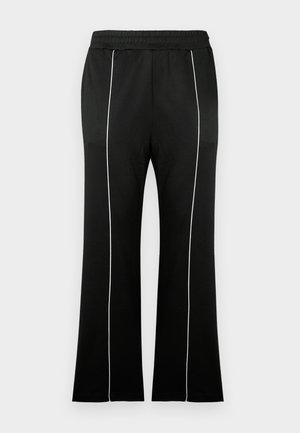 Μαύρο παντελόνι φόρμας με φαρδιά γραμμή, διακοσμημένο με λευκές ρίγες στα πλάγια, ελαστική μέση και λεία υφή υφάσματος.