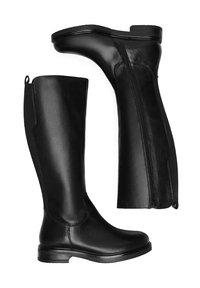 Černé kožené kozačky až po kolena s oblým špičkovým tvarem, bočním zipem, minimalistickým designem a pevným blokovým podpatkem. Hladká textura a elegantní povrchová úprava.