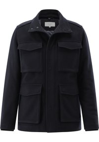 Navy wool blend jacket featuring four front pockets, a flap collar, and snap closures. The textured fabric offers warmth and durability.