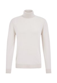 Svetra s svetlo bež turtleneck ovratnikom, narejenega iz gladkega pletenega materiala. Ima dolge rokave ter rebraste manšete in rob. Preprost, brez vzorca.