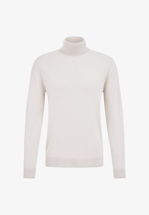 Helle beigefarbene Rollkragenpullover aus einem glatten Strickstoff. Verfügt über lange Ärmel sowie gerippte Bündchen und Saum. Einfaches, ungemustertes Design.