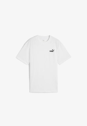 T-shirt bianco in cotone con maniche corte, scollatura rotonda e logo Puma nero sulla parte superiore sinistra del petto. Tessuto morbido, vestibilità regolare.