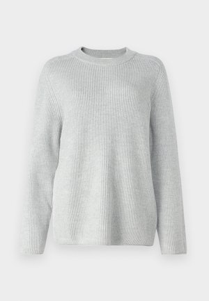 Light gray ribbed knit sweater with a crew neckline, long sleeves, and a relaxed fit. Texture appears soft and slightly elastic.