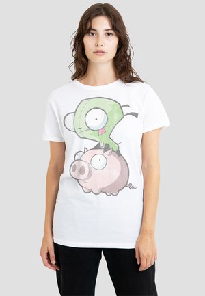 White cotton t-shirt with a graphic of a green alien and a pink pig, featuring bold outlines and a textured print design.