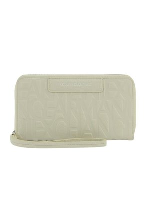 Portafoglio da polso beige Armani Exchange con motivo logo in rilievo e tracolla staccabile, chiusura con zip e forma rettangolare.