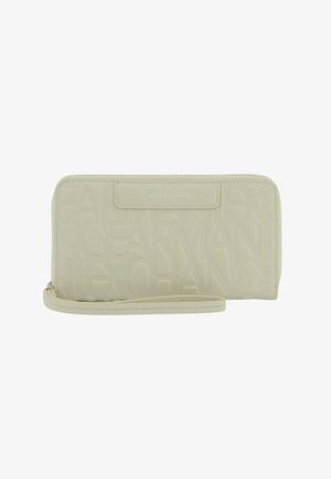 Portafoglio da polso beige Armani Exchange con motivo logo in rilievo e tracolla staccabile, chiusura con zip e forma rettangolare.