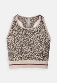 Prindi spordirinnahoidja pruunis ja beežis loomamustris, millel on murdva seljaosa disain, ribakujuline äär ja burgundia punane aktsentrii.