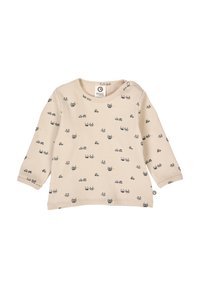 Long-sleeve kids' shirt in light beige cotton with a repeated pattern of small animal faces in gray and black, featuring a shoulder snap closure.