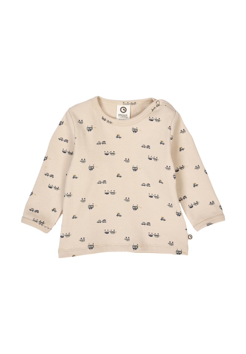 Long-sleeve kids' shirt in light beige cotton with a repeated pattern of small animal faces in gray and black, featuring a shoulder snap closure.