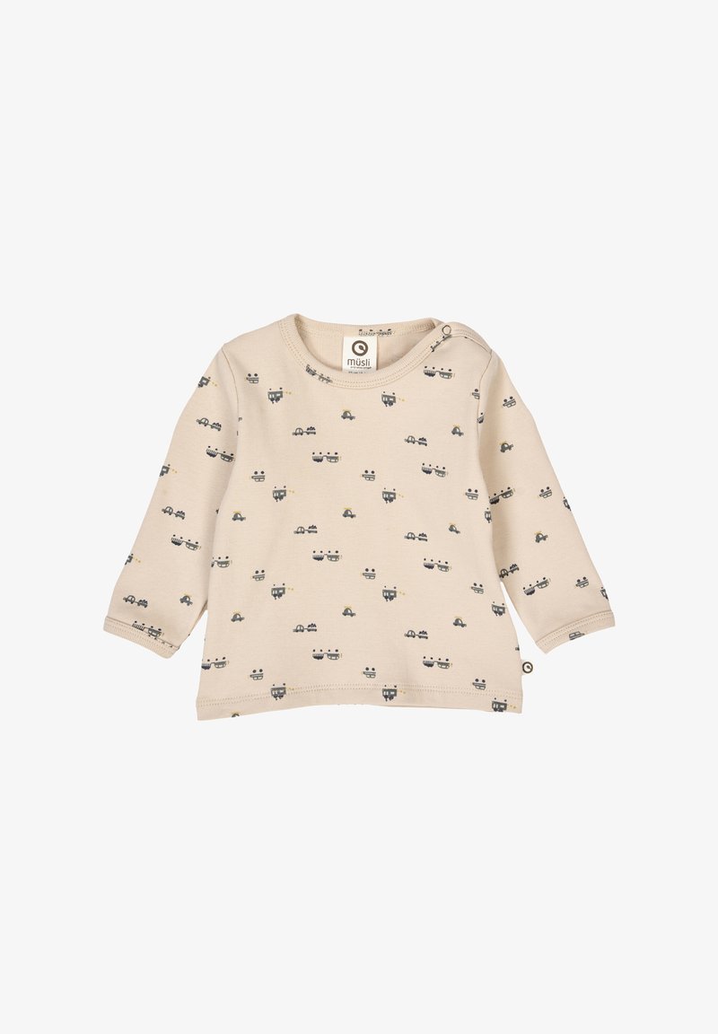 Long-sleeve kids' shirt in light beige cotton with a repeated pattern of small animal faces in gray and black, featuring a shoulder snap closure.