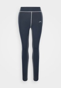 Námořnické legíny vyrobené z pružného materiálu, se světle šedými švy a malým logem na bocích. Hladký povrch a přiléhavý střih.