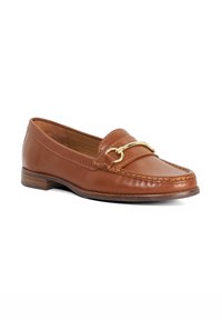 Brown leather loafer with a rounded toe, decorative gold hardware accent, and stitching detail. Low heel with smooth sole.