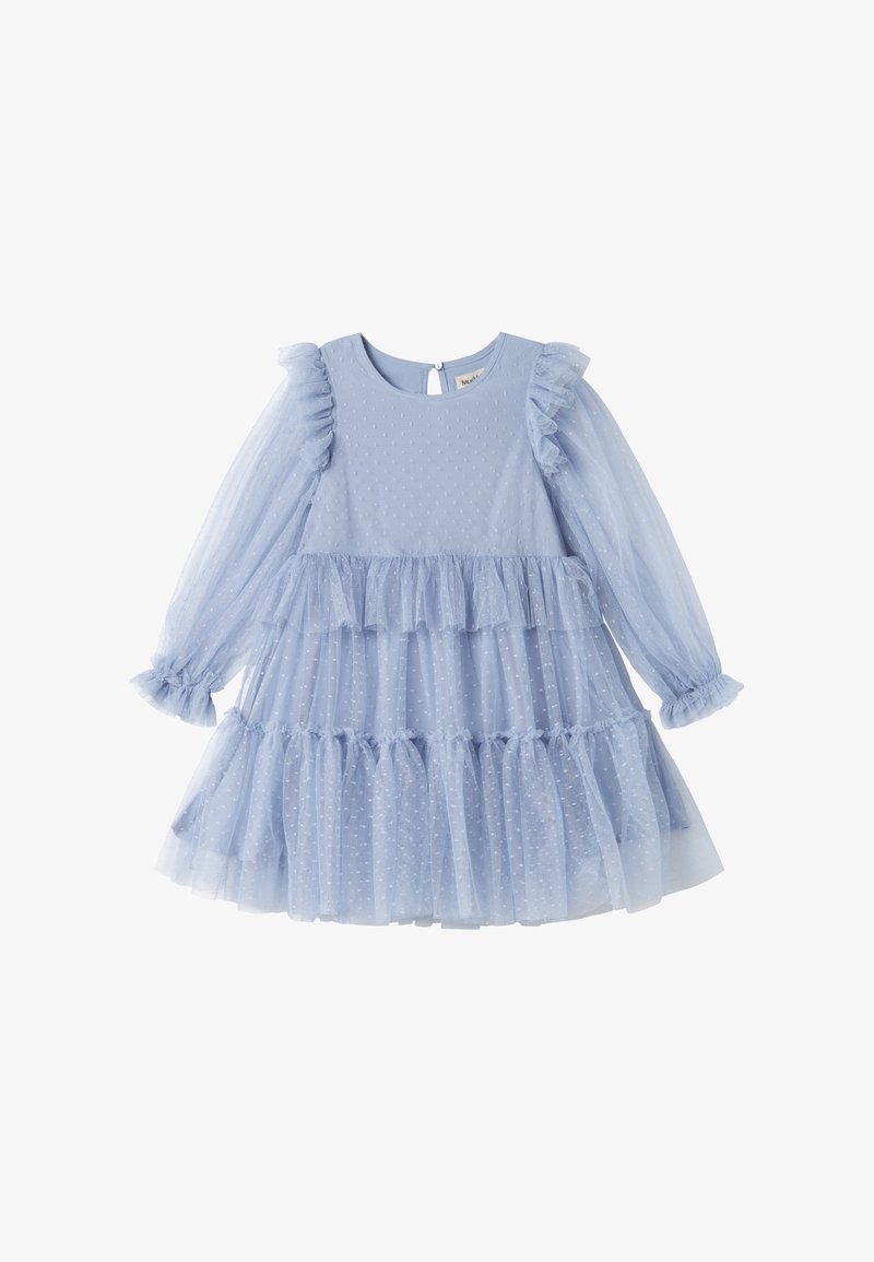 Robe bleu clair en tulle superposé avec texture à pois, manches bouffantes longues, accents de volants et fermeture par trou de serrure à l'arrière.