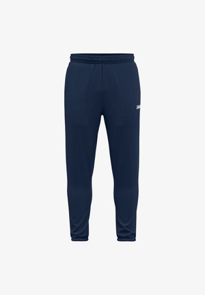 Dunkelblaue Sporthose aus glattem, leichtem Material. Mit einem elastischen Bund und einem weißen Logo auf dem linken Oberschenkel.