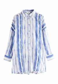 Långärmad button-up skjorta i ljusblått och vitt med vertikala akvarellstripes. Tillverkad av mjukt material med krage och manschetter.