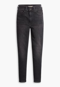 Jeans skinny noirs taille haute avec fermeture frontale à boutons, passants pour ceinture et design à cinq poches.